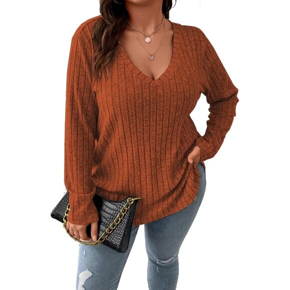 Tops - Women Plus Size Knit V Neck Sweater Lightweight Long Sleeve Fall Winter